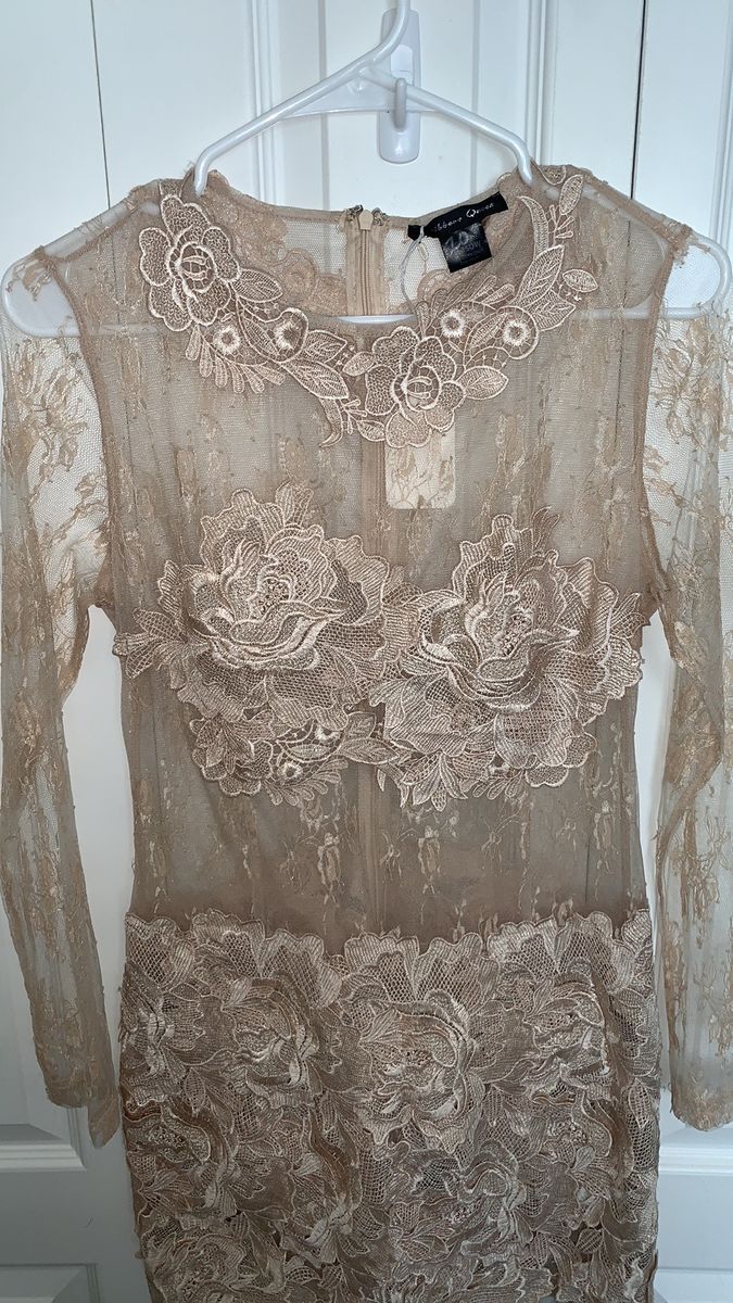 Size 12 Long Sleeve Lace Nude Cocktail Dress on Queenly