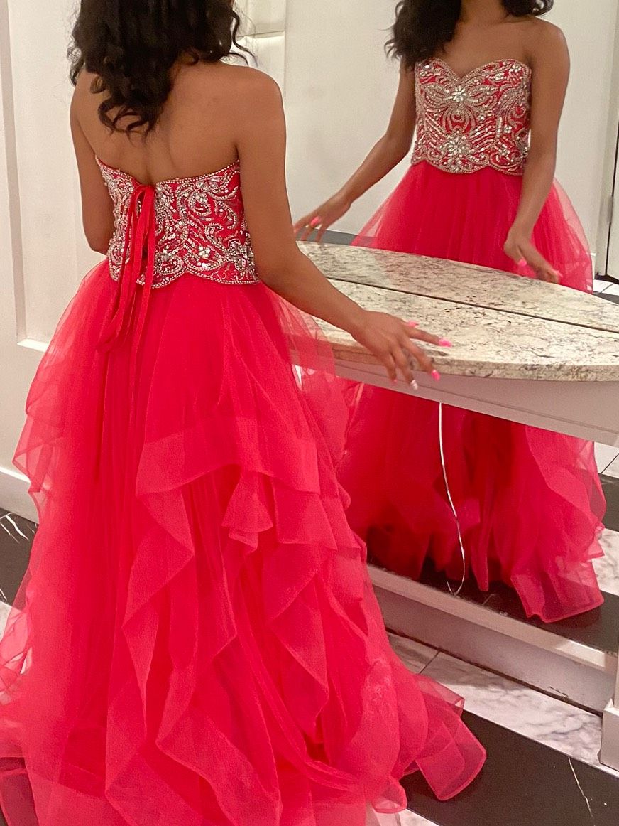 Camille La Vie Size 4 Prom Strapless Lace Hot Pink Ball Gown on Queenly