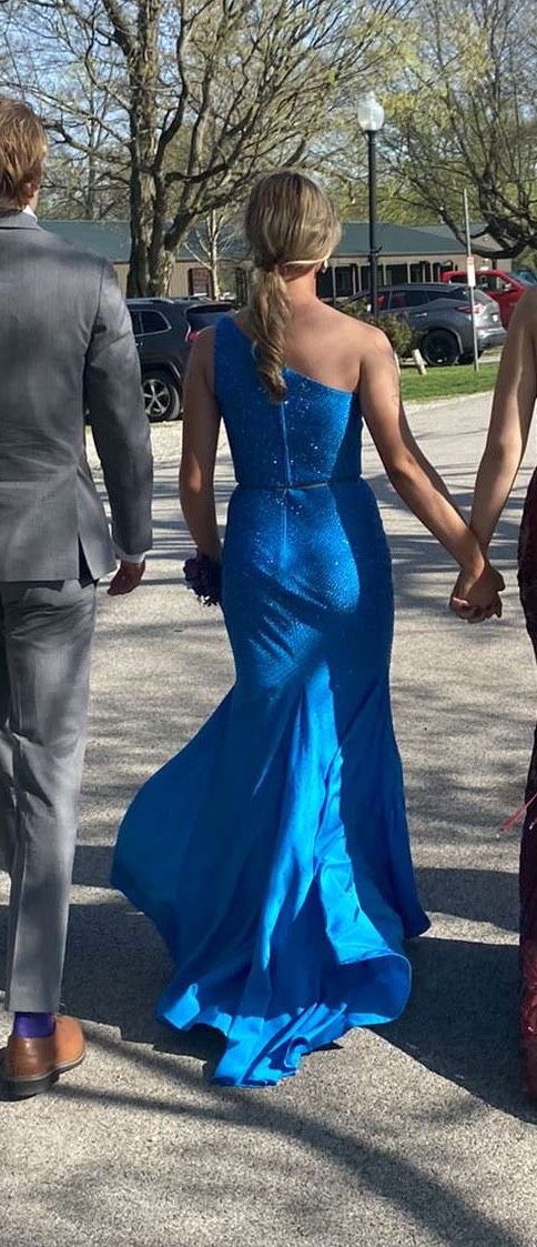Rachel Allan Size 4 Prom One Shoulder Sequined Blue Mermaid Dress on Queenly