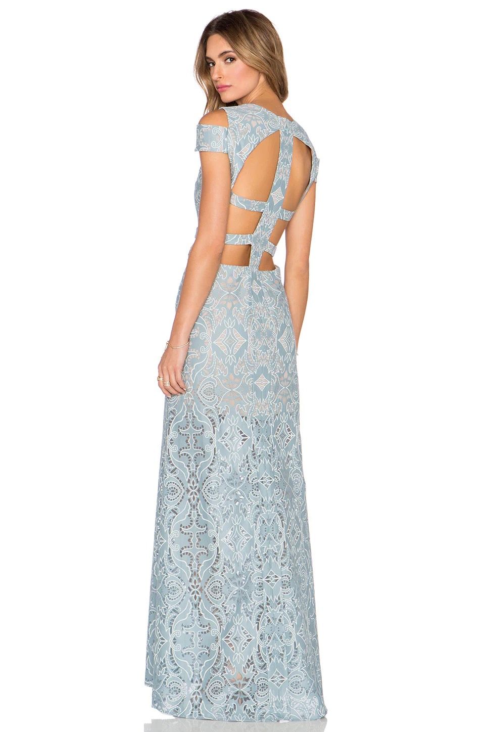 BCBG Maxazria Size 4 Prom Cap Sleeve Lace Light Blue Floor Length Maxi on Queenly