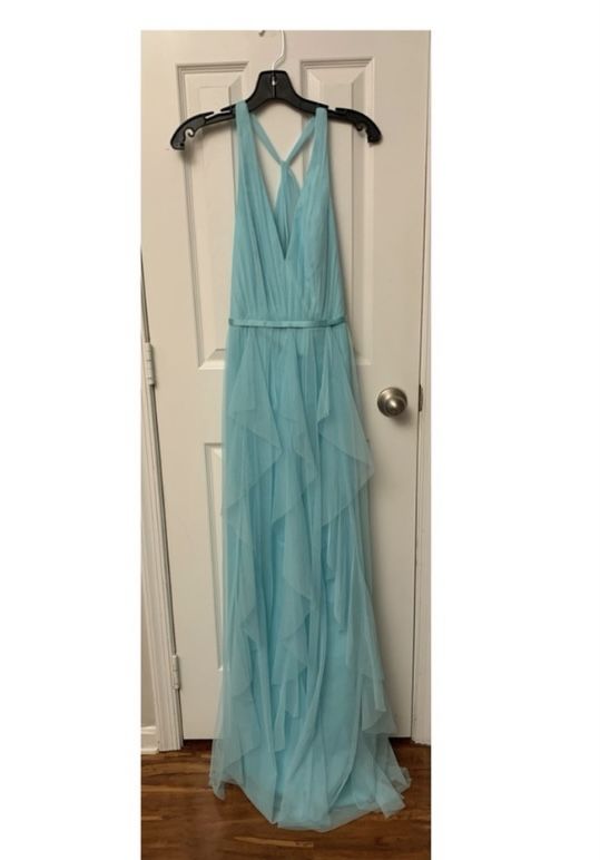 White by Vera Wang (David's Bridal) Size 4 Bridesmaid Lace Blue A-line Dress on Queenly