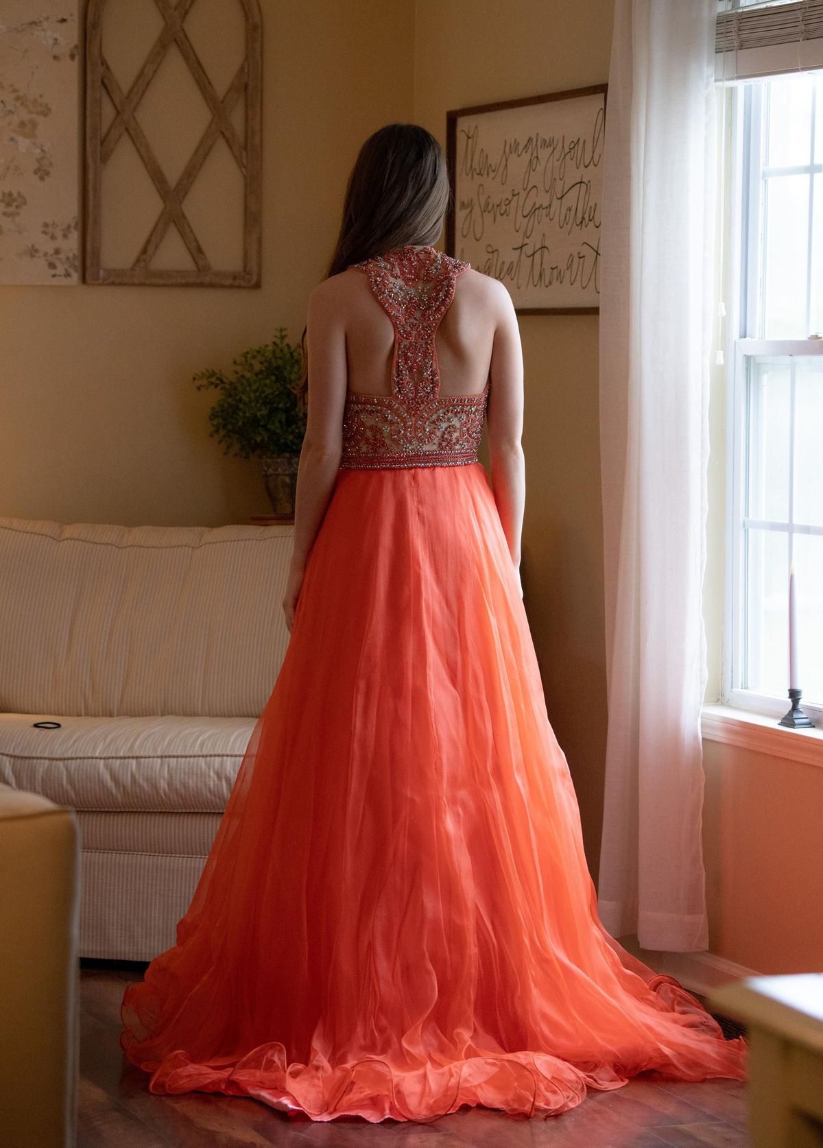 Jovani Size 6 Prom High Neck Sequined Coral Ball Gown on Queenly