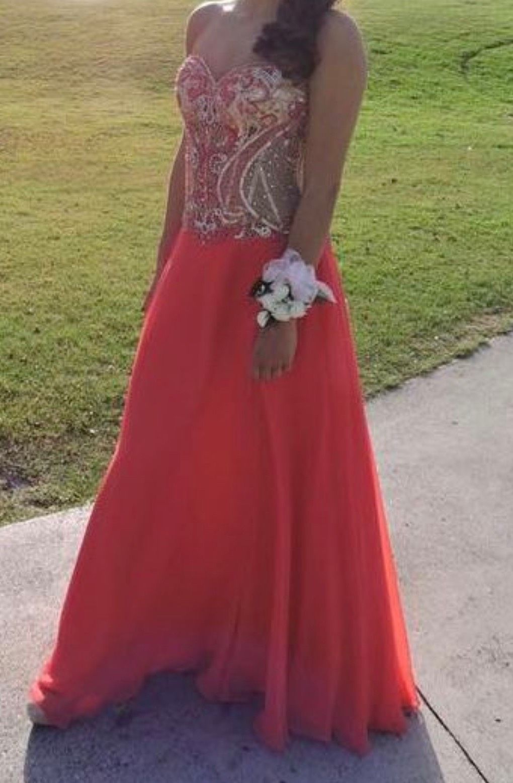 Size 2 Prom Sequined Coral Floor Length Maxi on Queenly