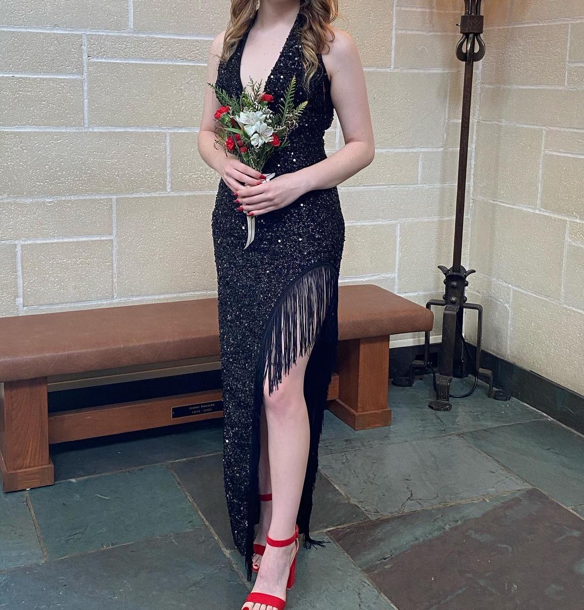 Size 2 Prom Halter Sequined Black Side Slit Dress on Queenly