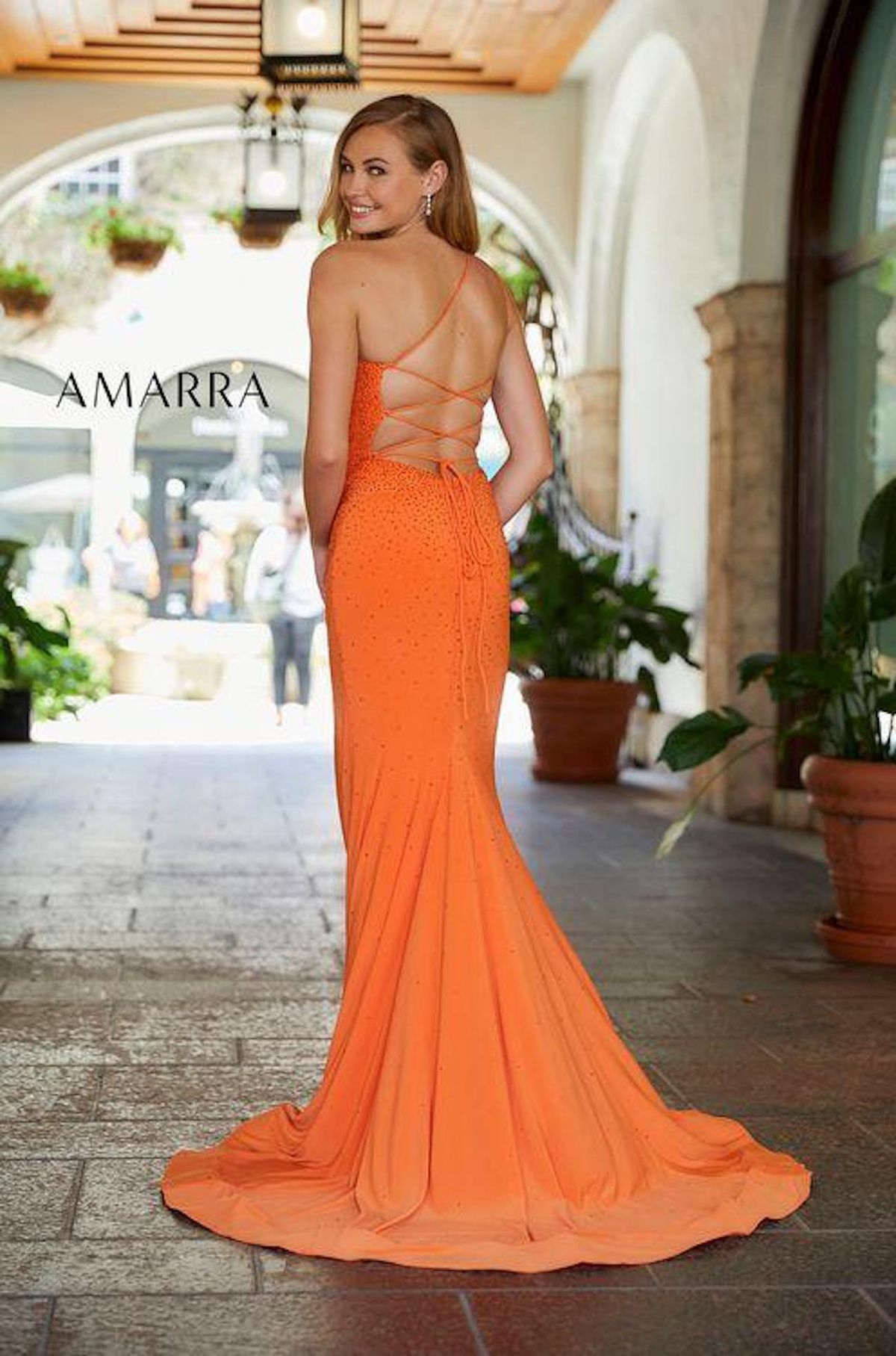 Style Teressa Amarra Size 4 Prom One Shoulder Sequined Orange Side Slit Dress on Queenly