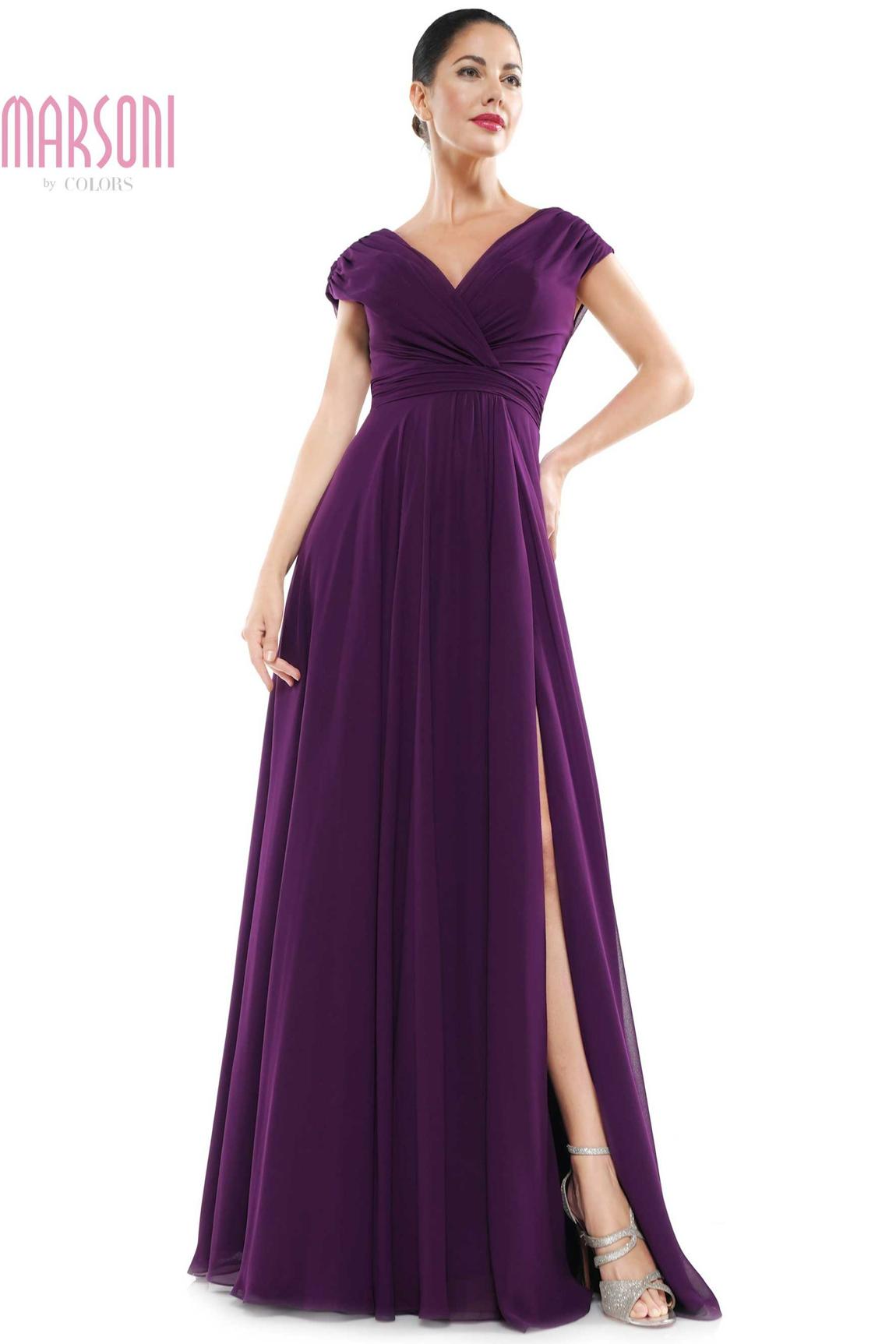 Style M251 Marsoni by Colors Size 12 Off The Shoulder Purple Side Slit Dress on Queenly