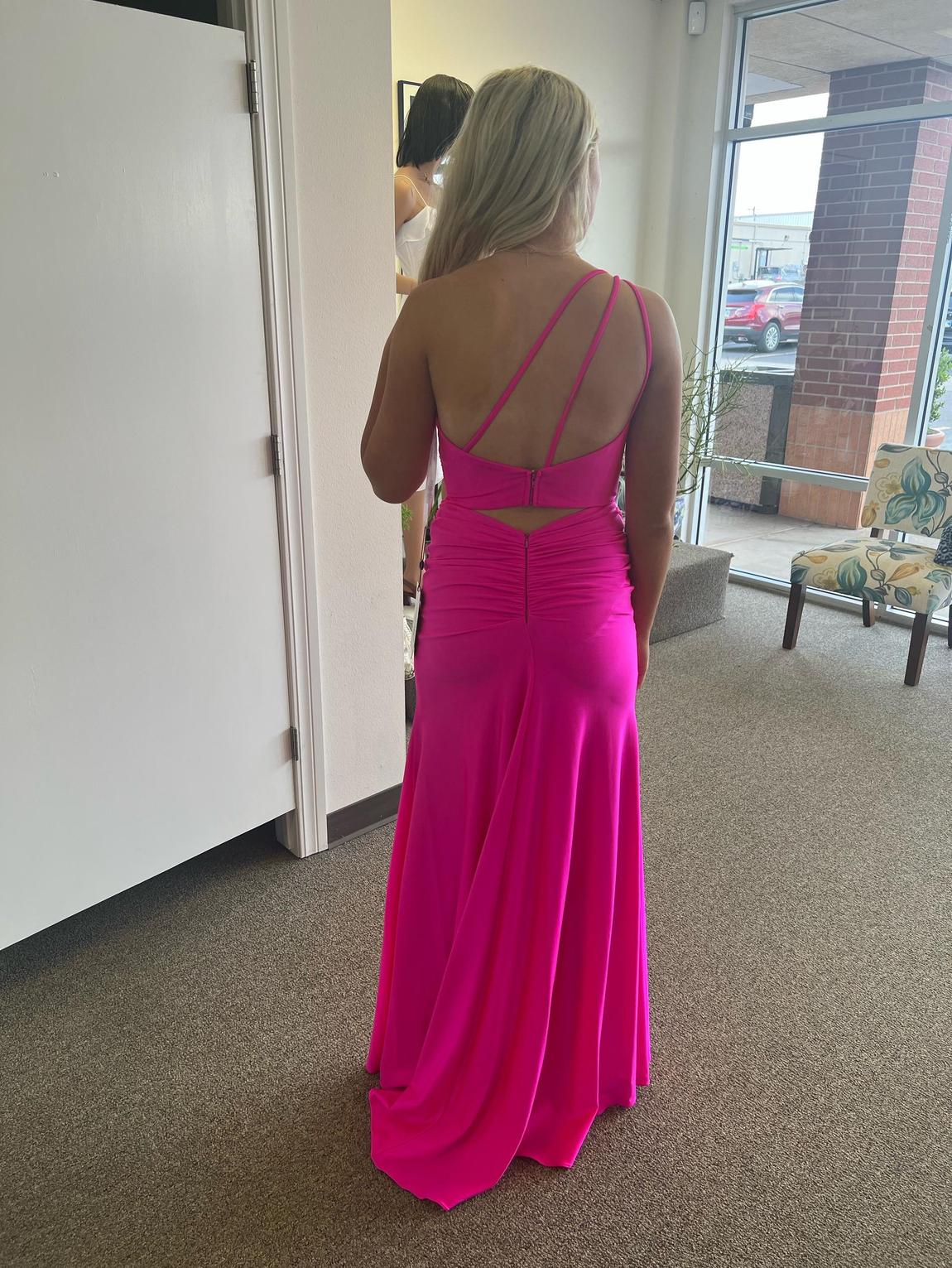 Sherri Hill Size 4 Prom One Shoulder Satin Hot Pink Side Slit Dress on Queenly