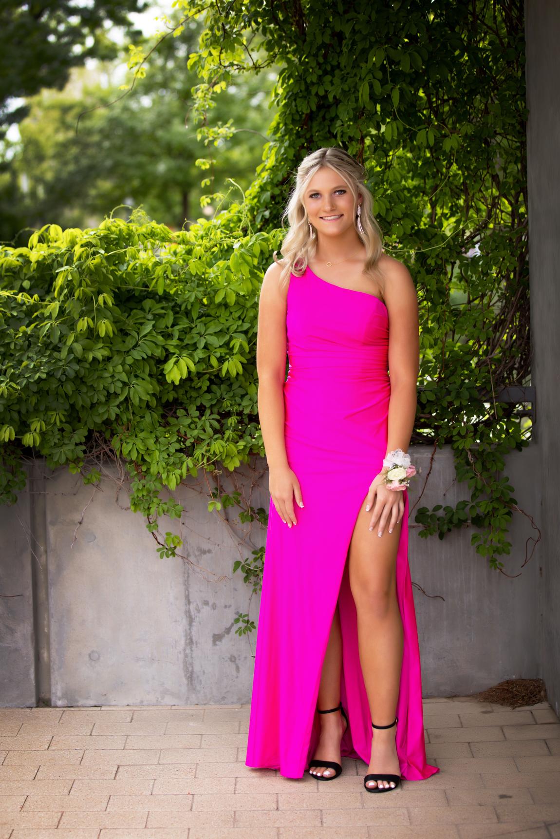 Sherri Hill Size 4 Prom One Shoulder Satin Hot Pink Side Slit Dress on Queenly