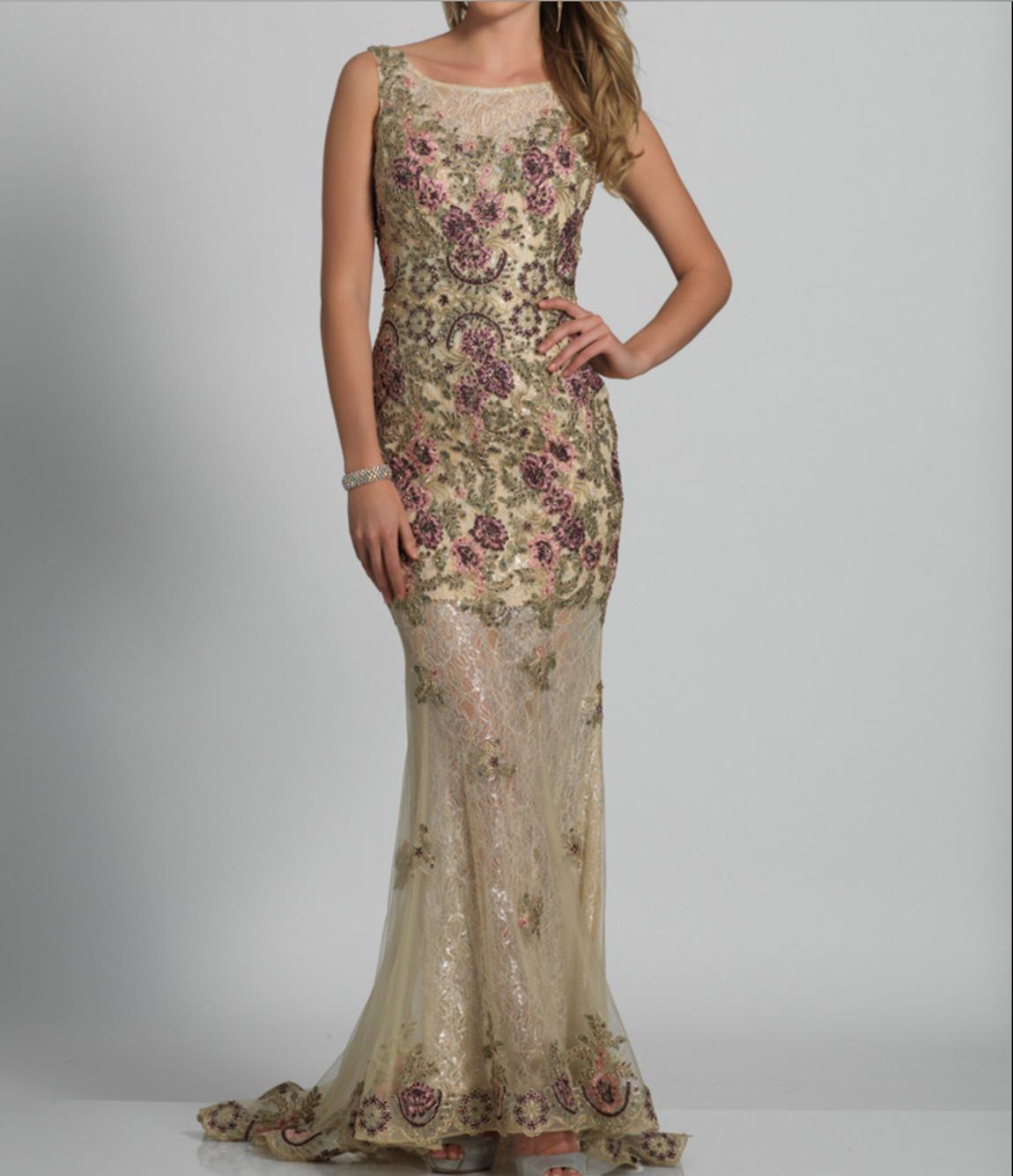 Style 6348 Dave and Johnny Plus Size 24 Floral Gold Mermaid Dress on Queenly