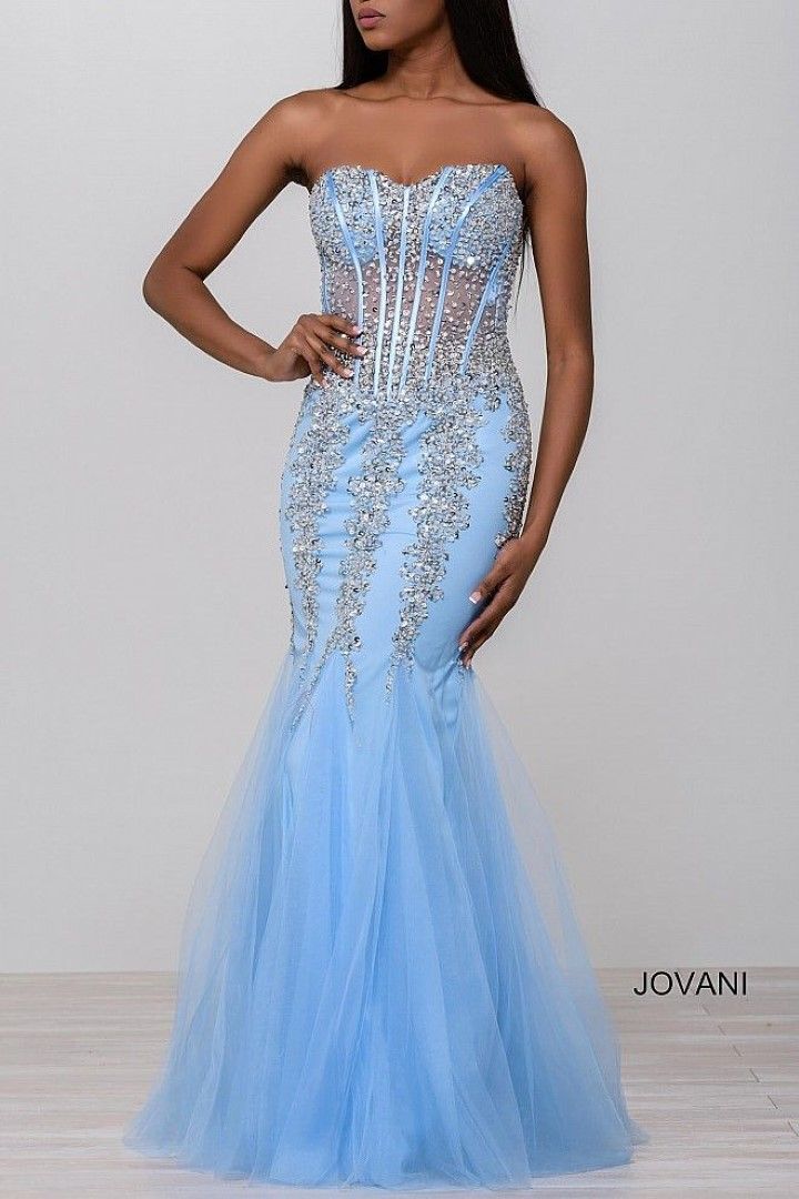 Style 5908 Jovani Size 6 Prom Strapless Sheer Blue Mermaid Dress on Queenly