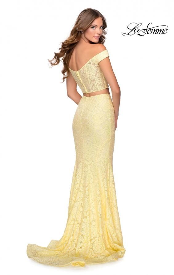 Style 28565 La Femme Size 4 Prom Off The Shoulder Lace Yellow Side Slit Dress on Queenly