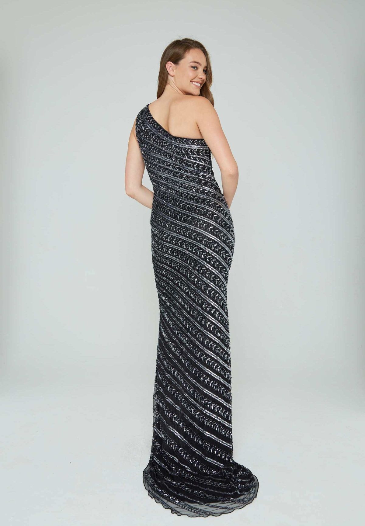 Style 158 Aleta Size 6 Prom One Shoulder Sequined Black Side Slit Dress on Queenly