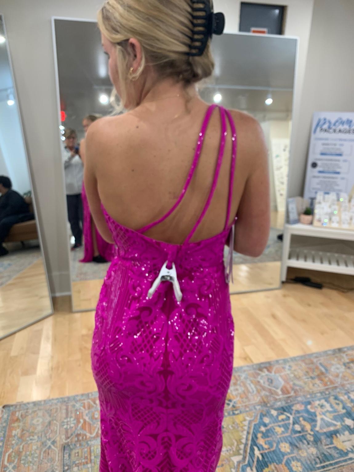 Sherri Hill Size 10 Prom One Shoulder Sequined Hot Pink Side Slit Dress on Queenly