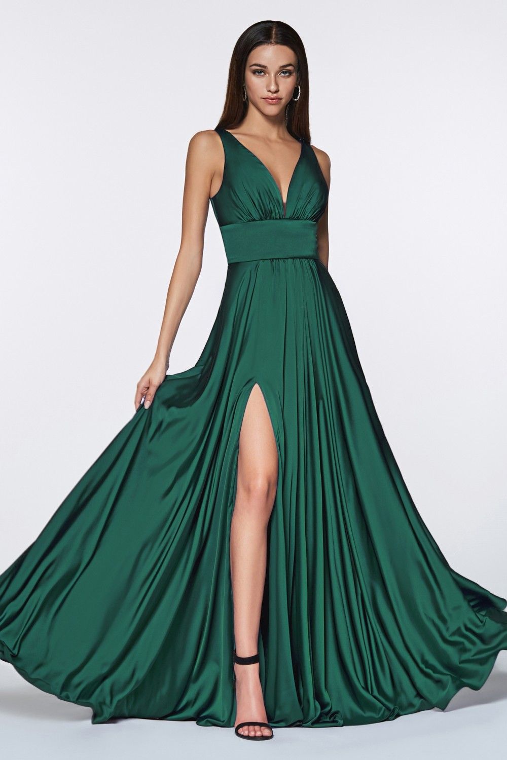 Style 7469 Cinderella Divine Plus Size 18 Satin Emerald Green Side Slit Dress on Queenly