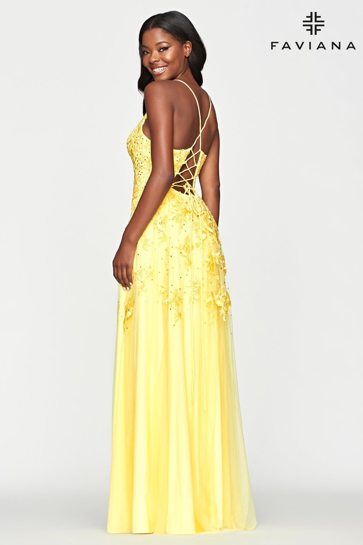 Style S10640 Faviana Size 4 Pageant Lace Yellow Side Slit Dress on Queenly