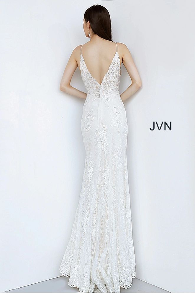 Style JVN00864 Jovani Size 8 Pageant Lace White Side Slit Dress on Queenly