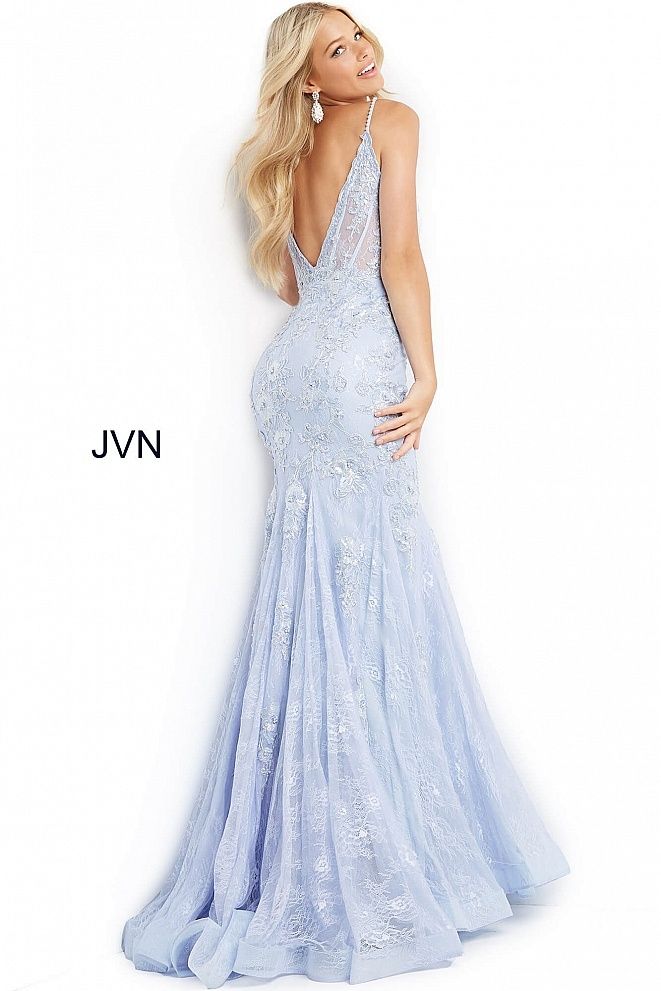 Style JVN06475 Jovani Size 8 Pageant Plunge Floral Blue Mermaid Dress on Queenly