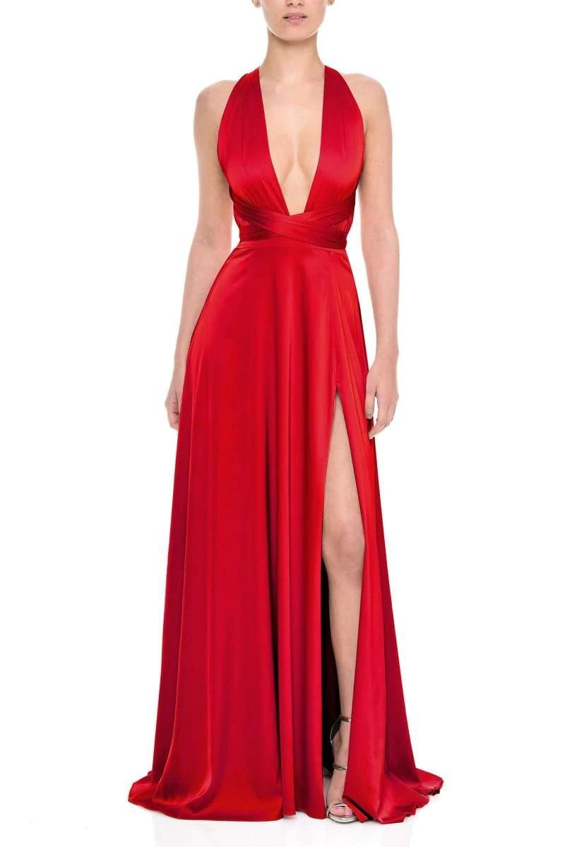 Nadine Merabi Size 2 Plunge Satin Red Side Slit Dress on Queenly