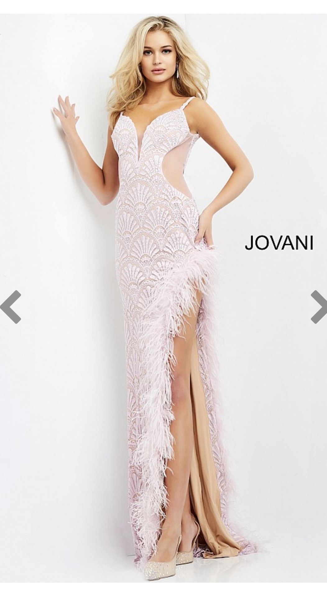 Jovani Size 10 Plunge Sheer Pink Side Slit Dress on Queenly