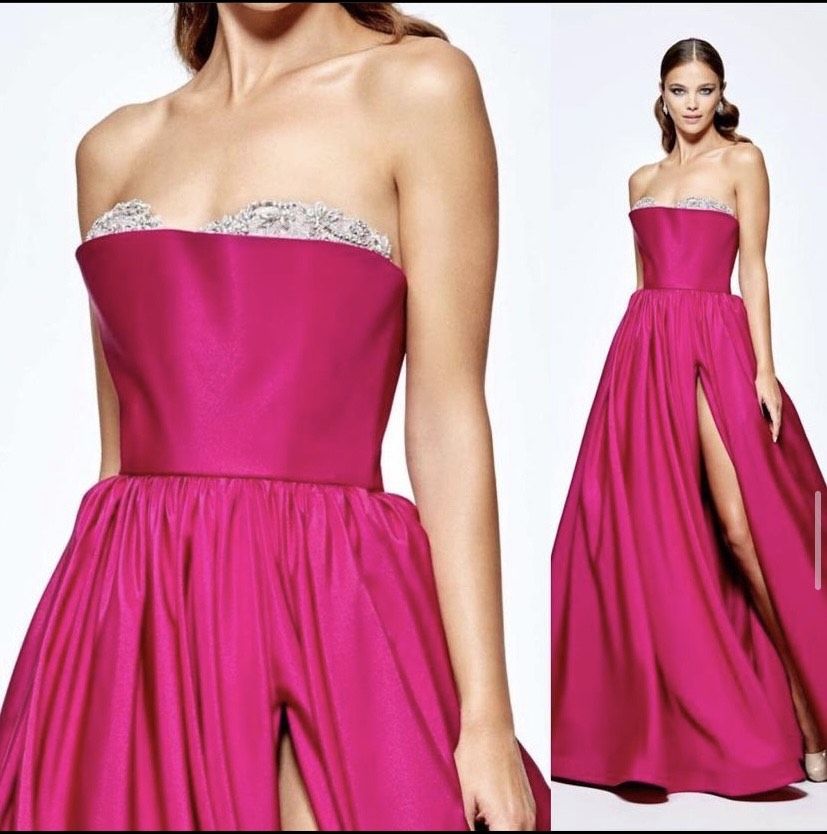 Size 12 Prom Strapless Sequined Hot Pink Ball Gown on Queenly