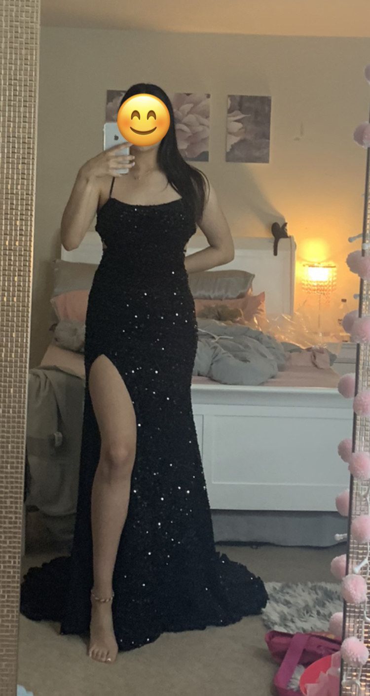 Gautier Size 6 Prom Sequined Black Side Slit Dress on Queenly