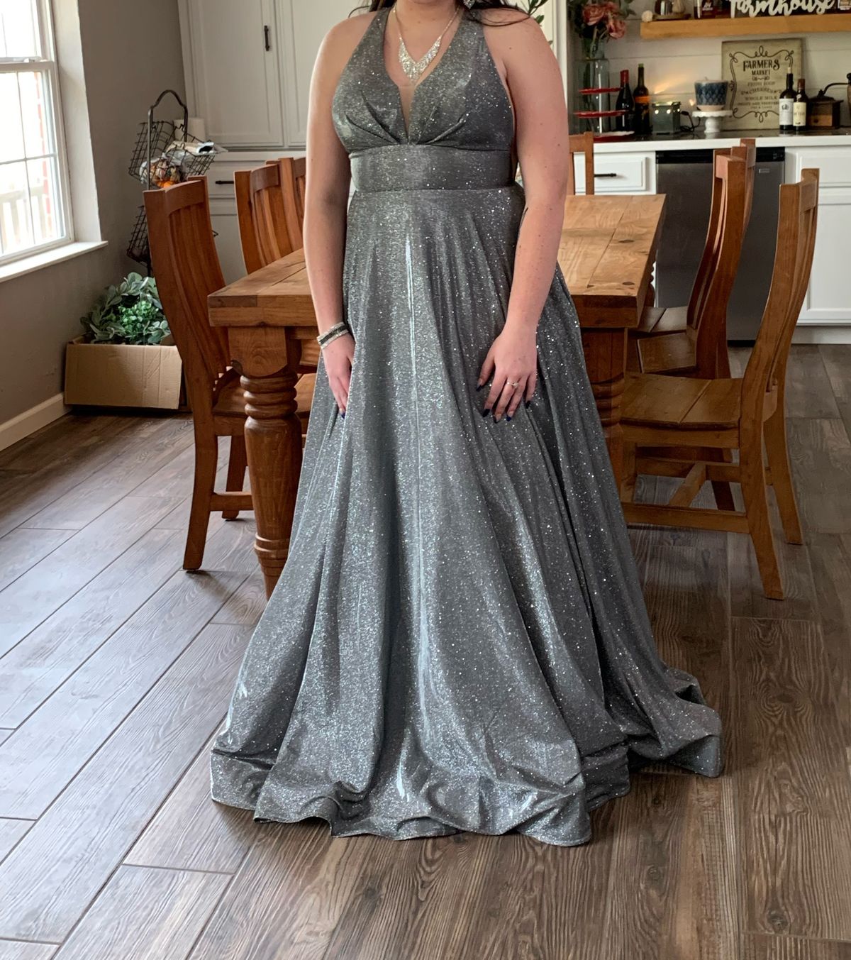 MoriLee Size L Prom Plunge Silver Ball Gown on Queenly