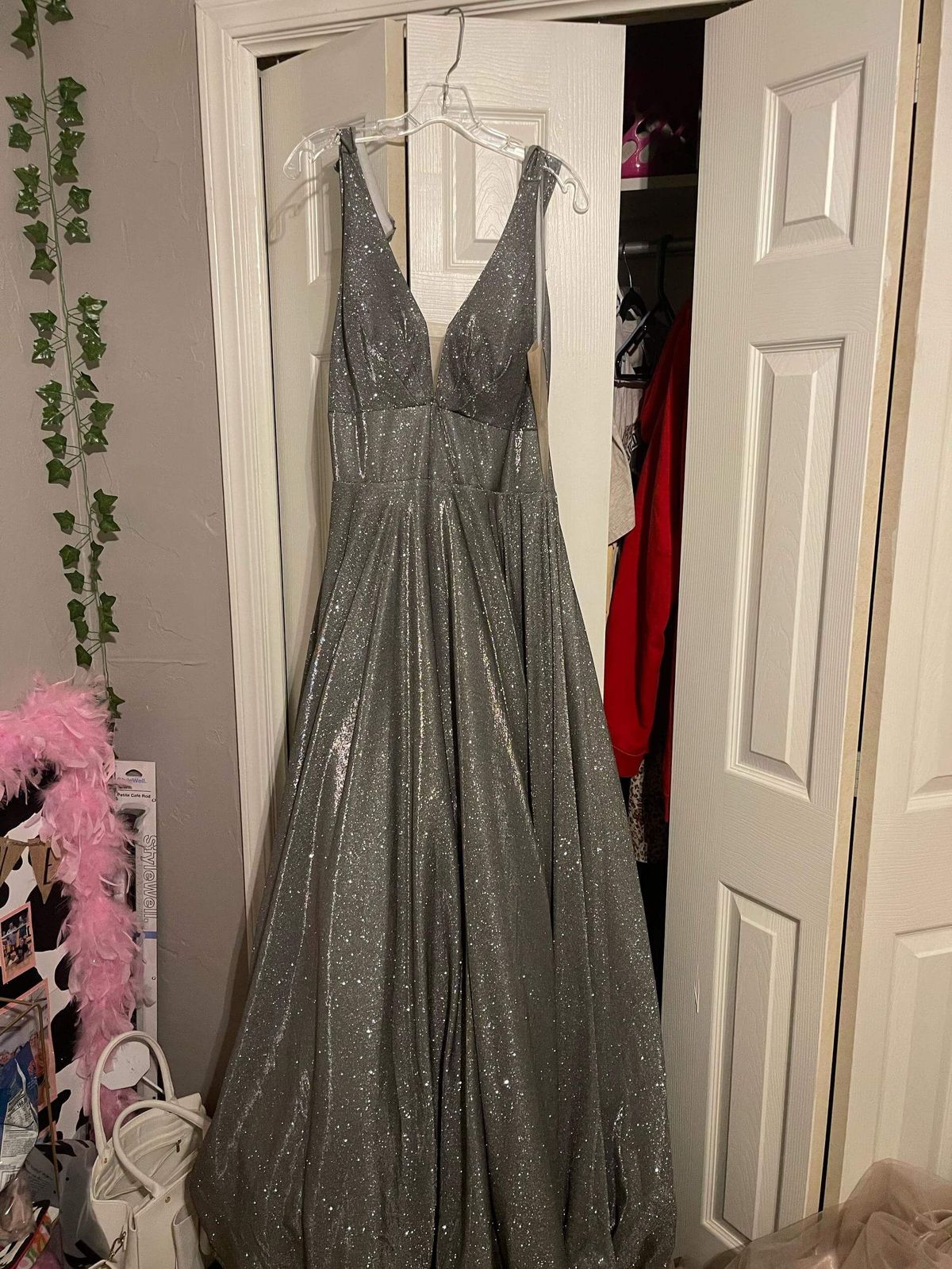 MoriLee Size L Prom Plunge Silver Ball Gown on Queenly