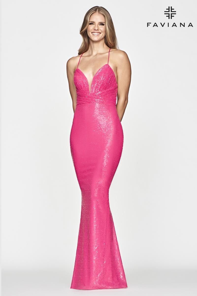 Style S10637 Faviana Size 10 Prom Sequined Hot Pink Floor Length Maxi on Queenly
