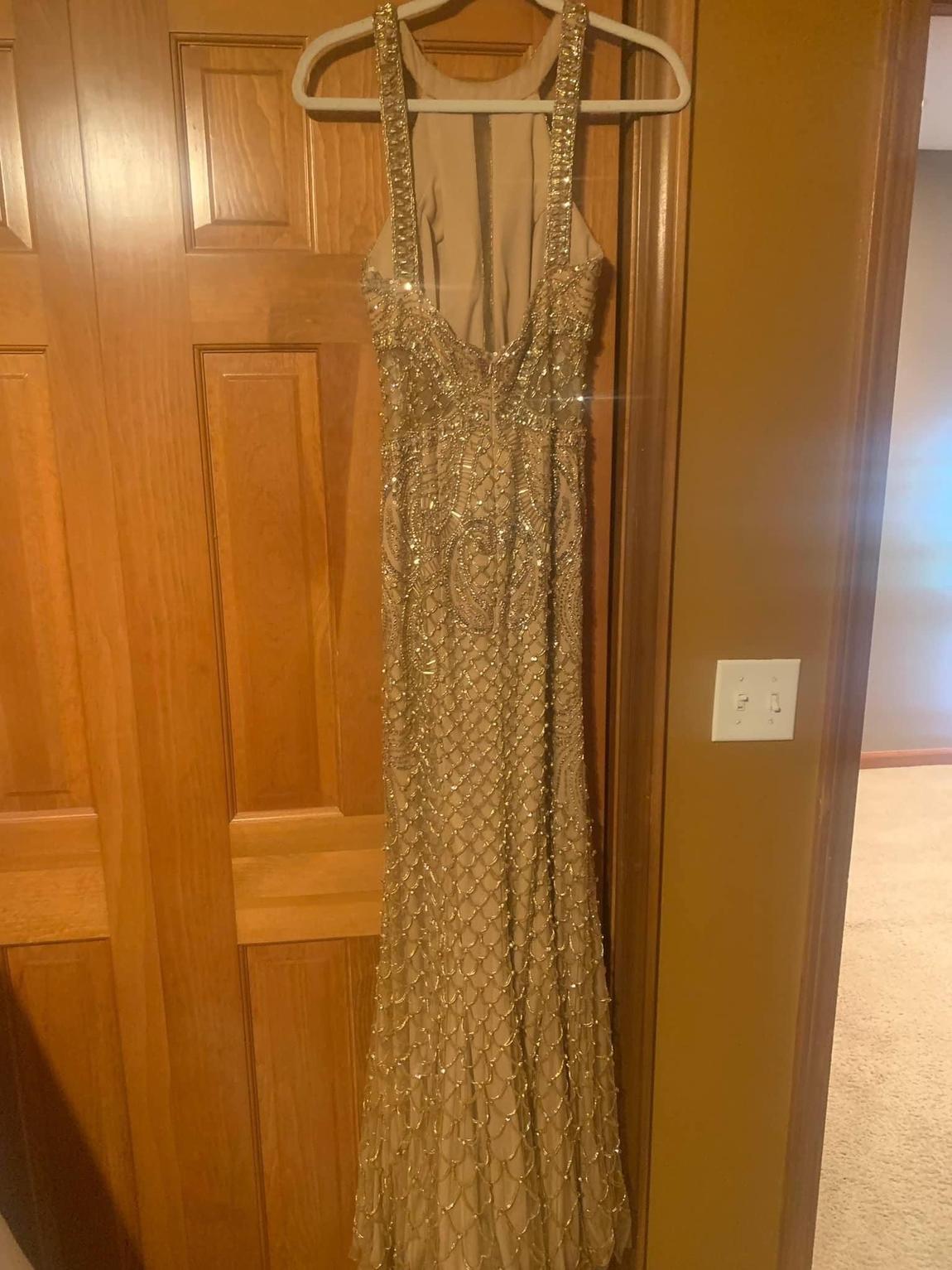 Jovani Size 2 Prom High Neck Sequined Gold A-line Dress on Queenly