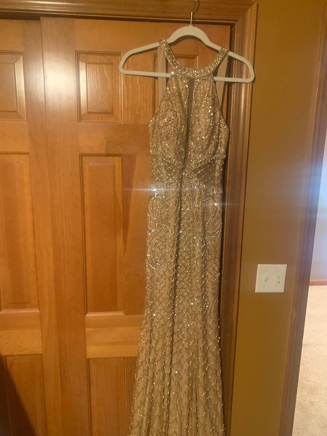 Jovani Size 2 Prom High Neck Sequined Gold A-line Dress on Queenly