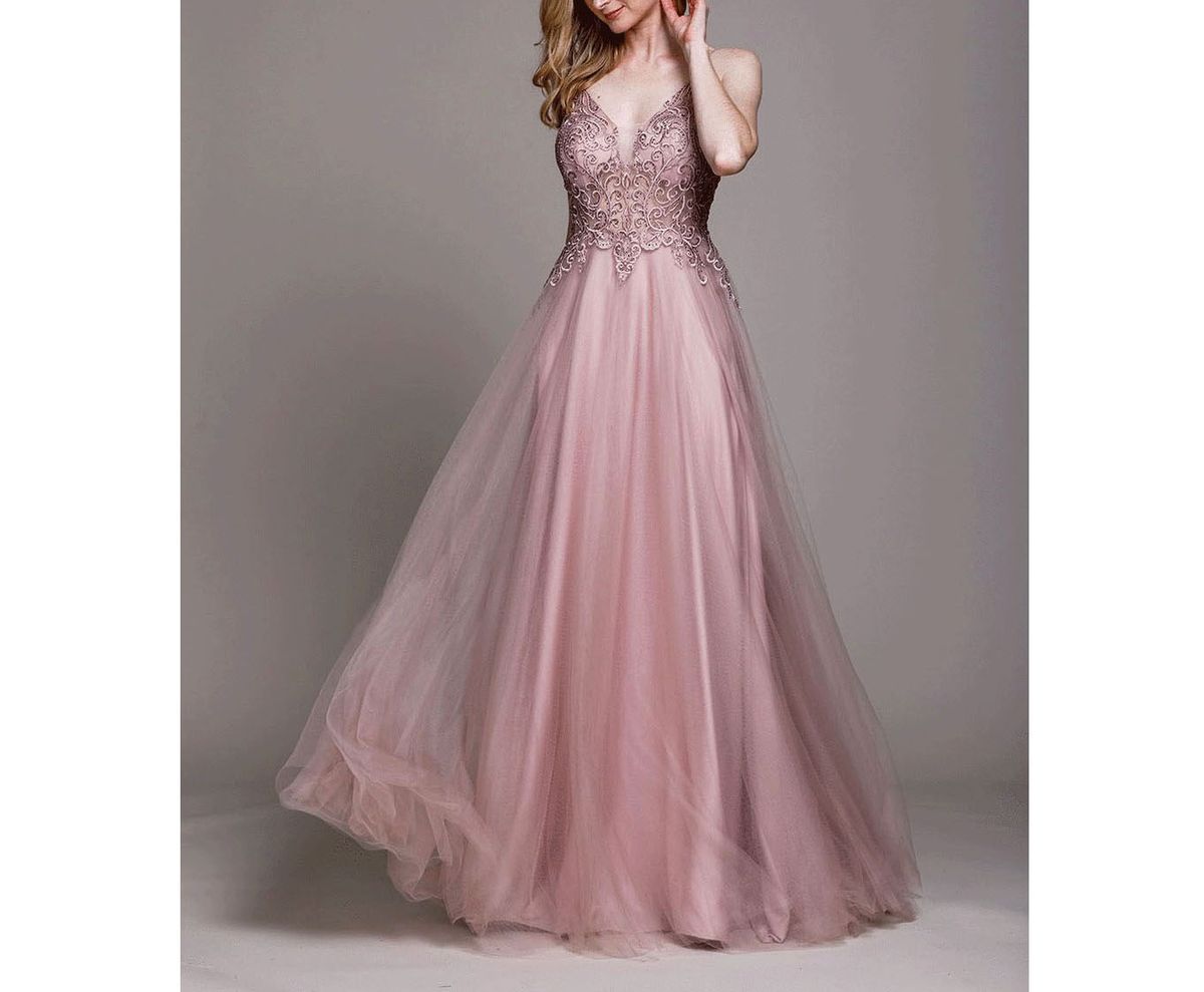 Style Mauve Illusion Filigree Rhinestone Tulle A-line Formal Gown Amelia Couture  Size 2 Bridesmaid Sequined Light Pink Ball Gown on Queenly