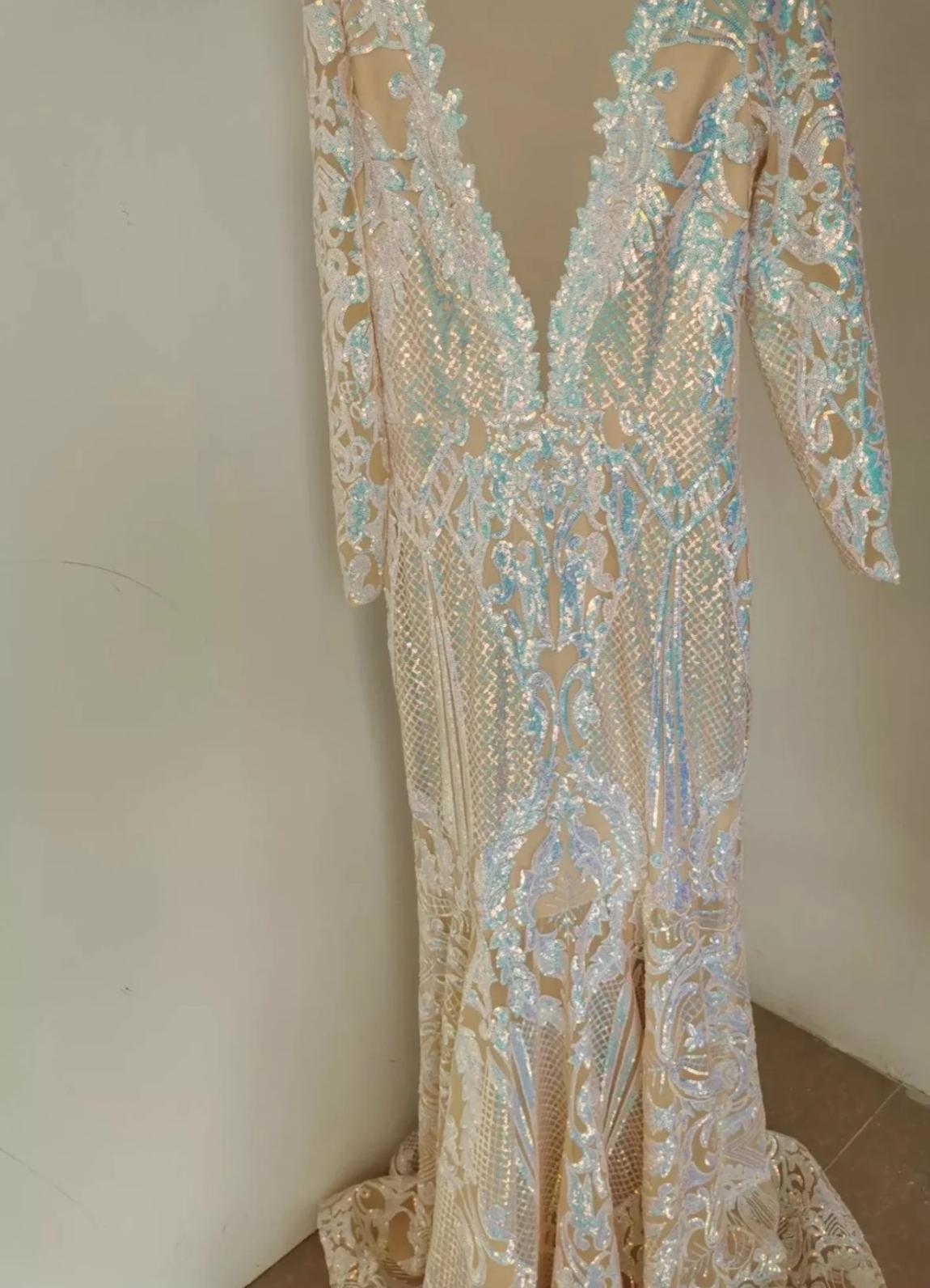 Size 8 Prom Long Sleeve Sequined Light Blue Mermaid Dress on Queenly