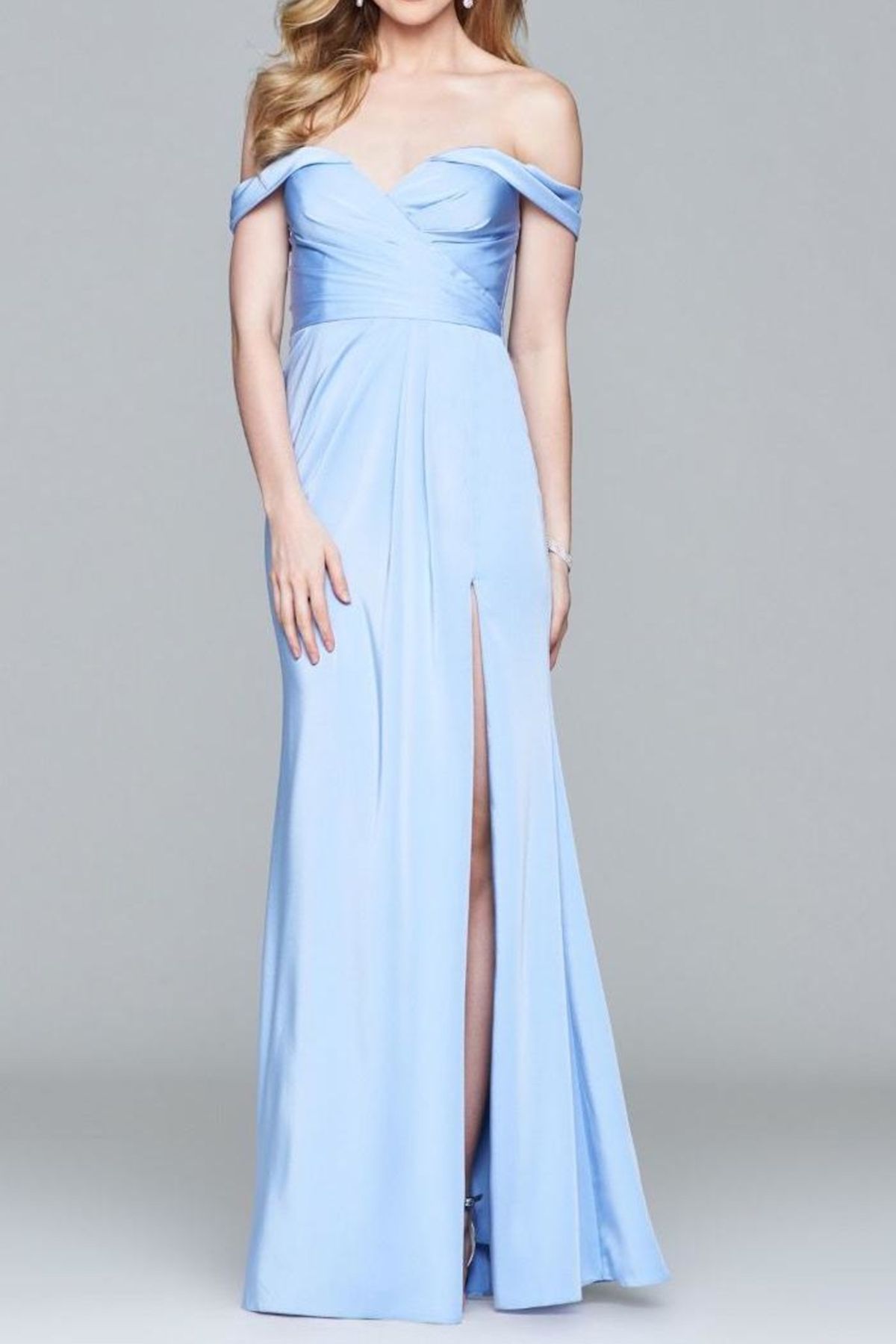 Style 8083 Faviana Size 2 Off The Shoulder Light Blue Side Slit Dress on Queenly