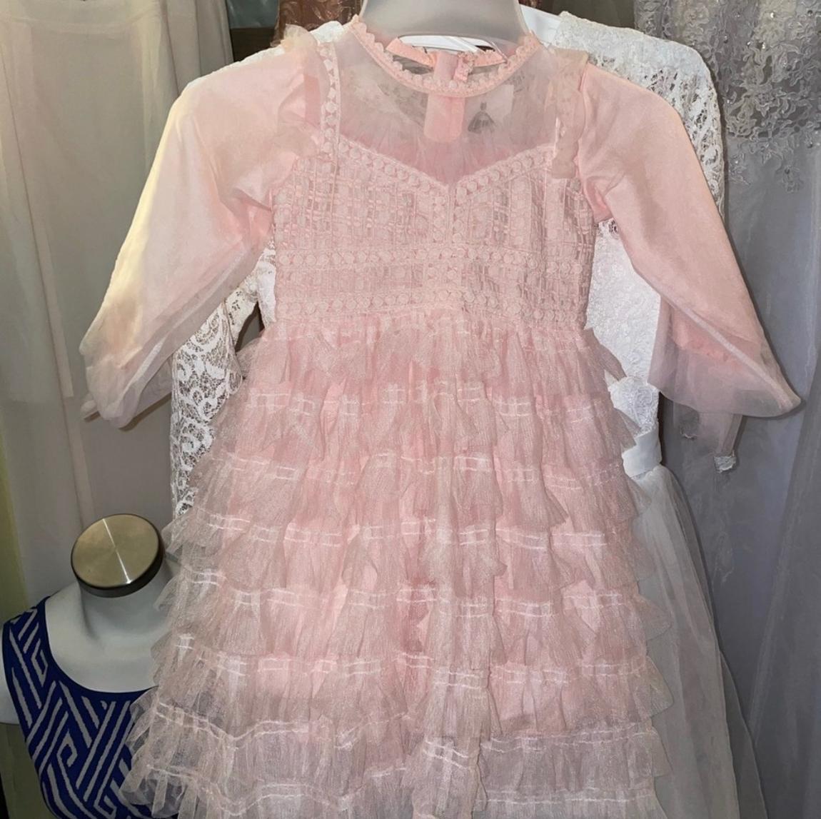 Girls Size 4 Long Sleeve Sheer Light Pink Ball Gown on Queenly