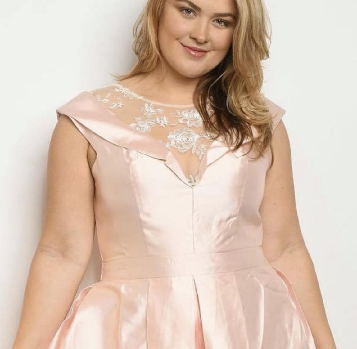 Size 14 Prom Lace Light Pink Ball Gown on Queenly