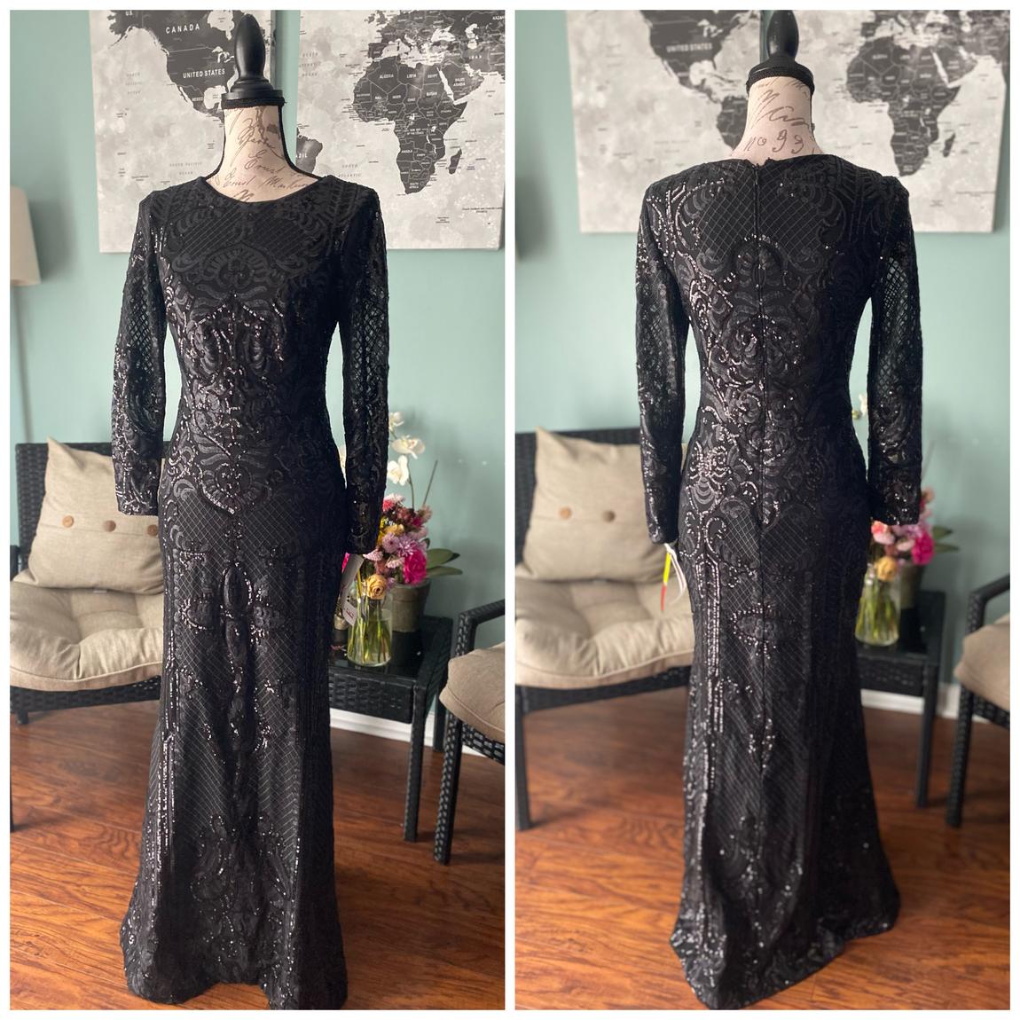 Betsy and Adam Size 10 Prom Long Sleeve Sequined Black Floor Length Maxi on Queenly