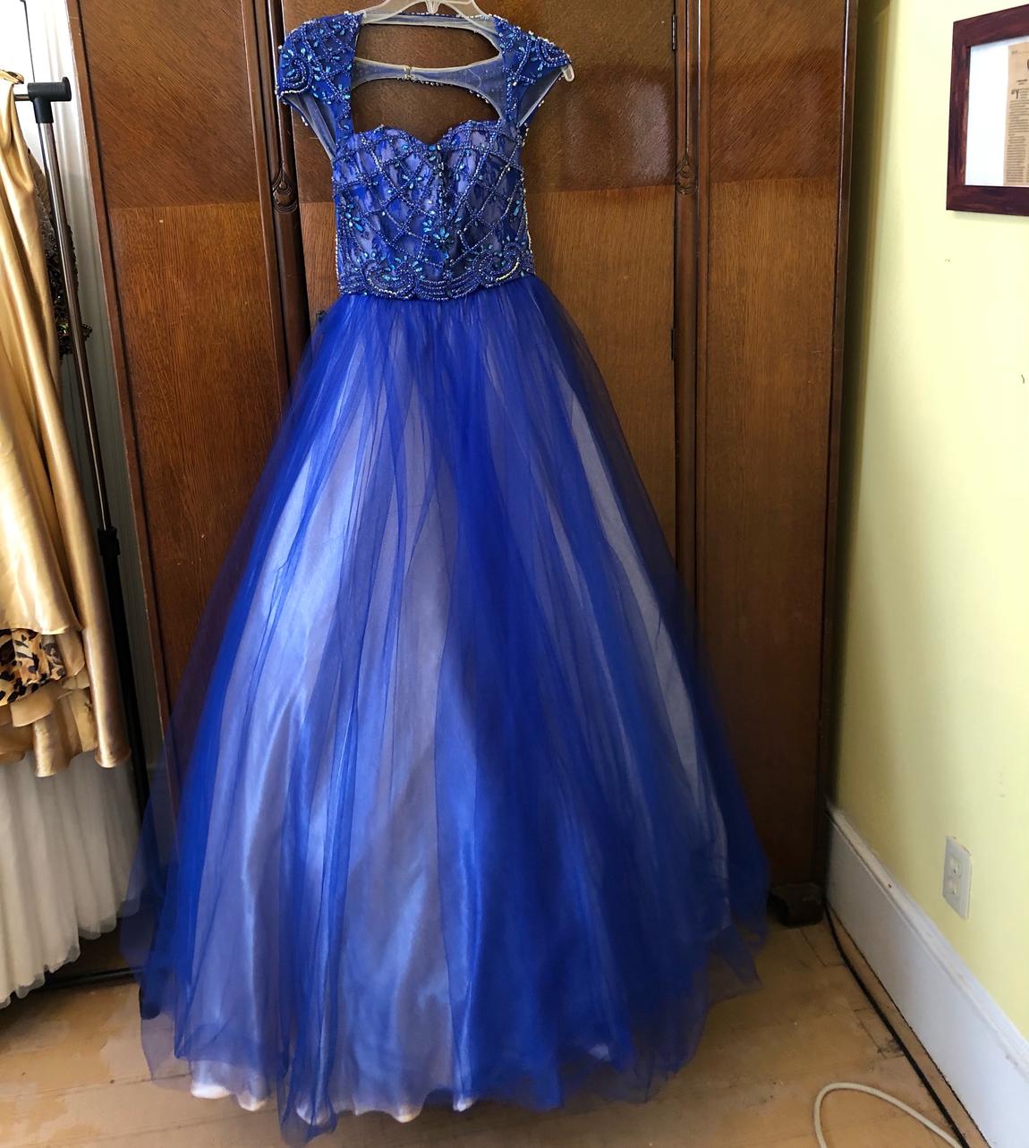 Size 4 Prom Cap Sleeve Sequined Blue Ball Gown on Queenly