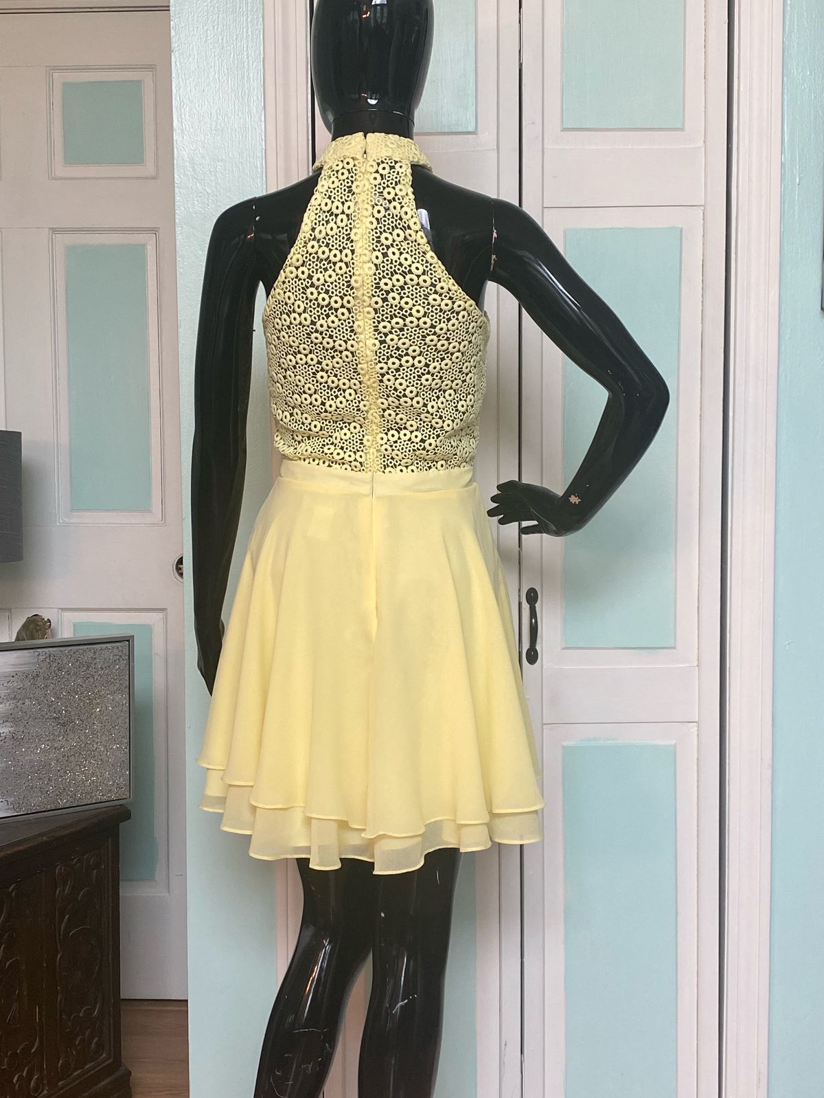 Clarisse Size 10 Prom High Neck Lace Yellow Cocktail Dress on Queenly