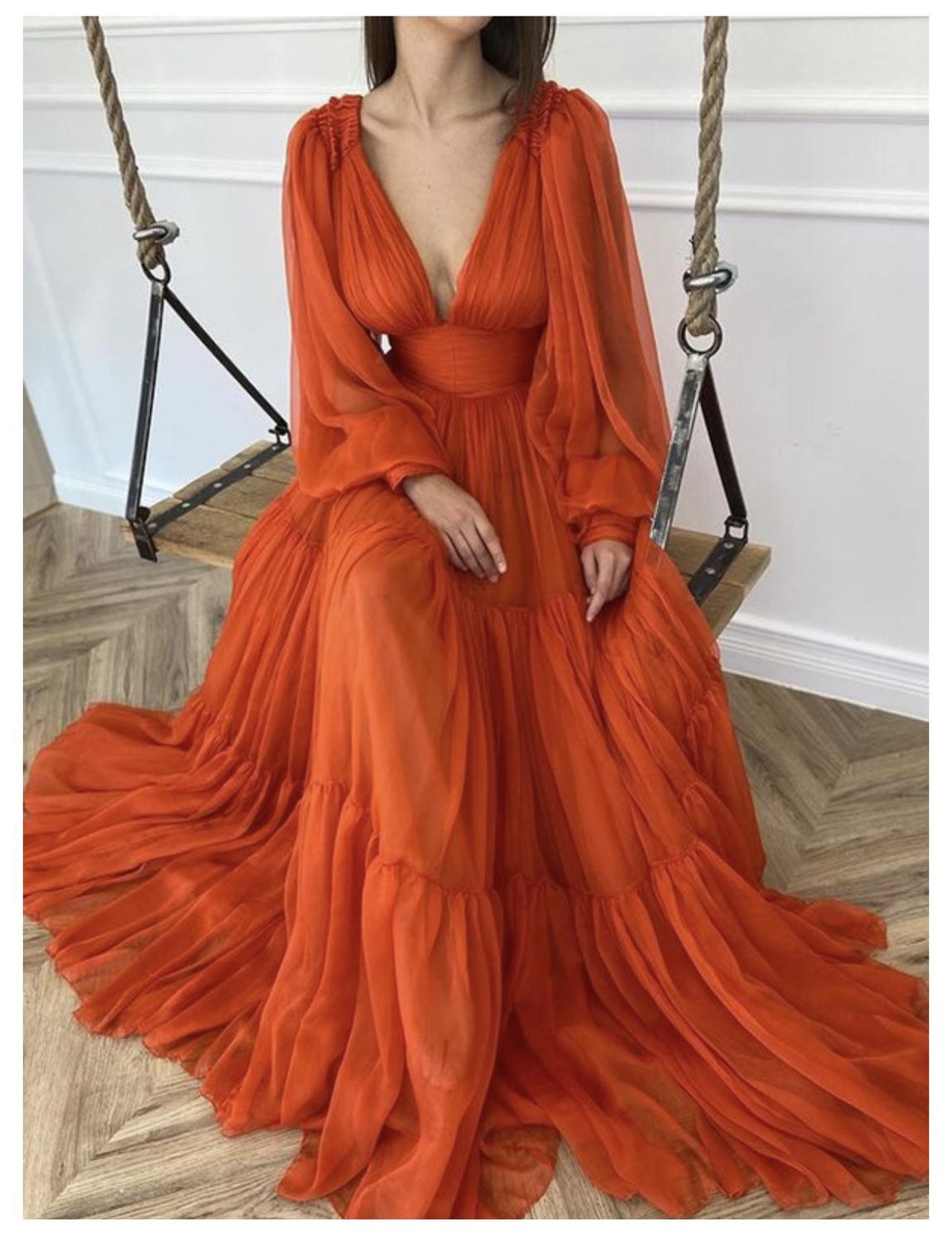 Plus Size 16 Prom Long Sleeve Orange A-line Dress on Queenly