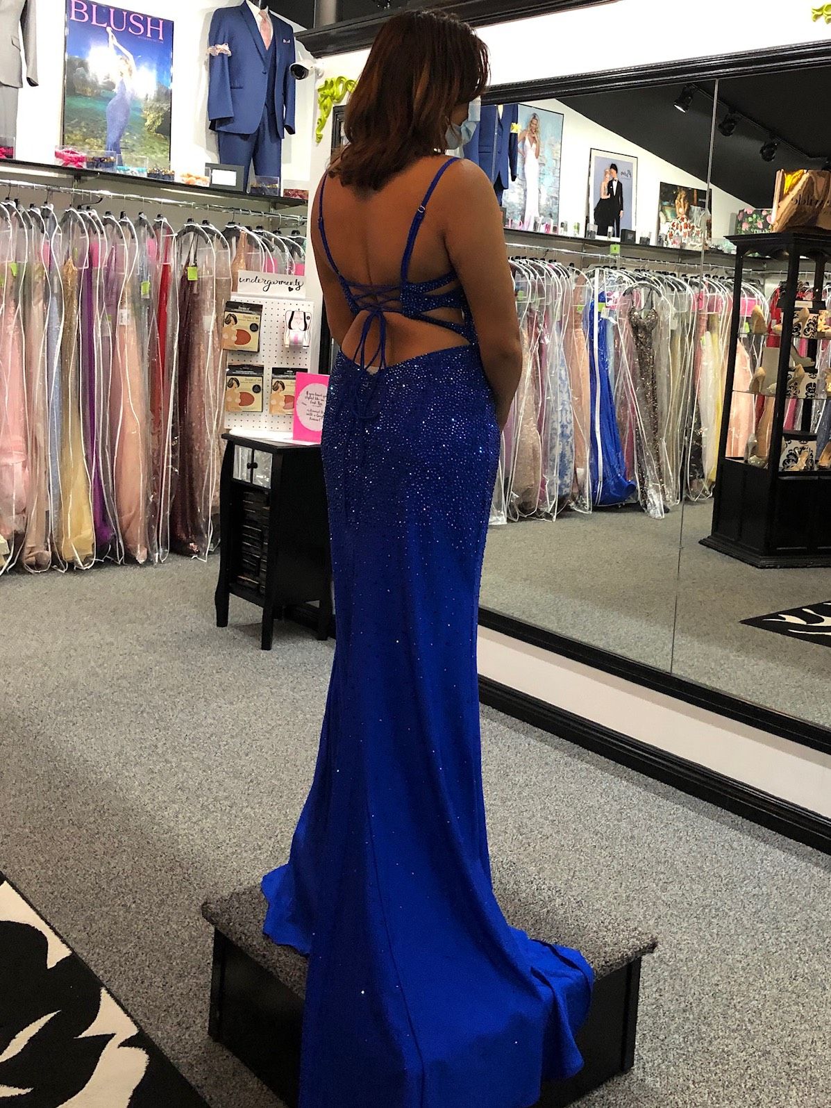 Size 6 Prom Sequined Royal Blue Dress With Train on Queenly
