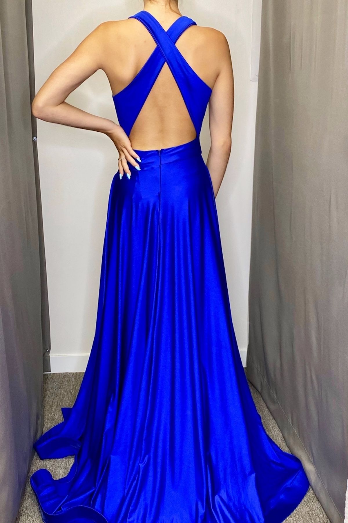 Style 385 Jessica Angel Size 0 Bridesmaid Royal Blue Side Slit Dress on Queenly