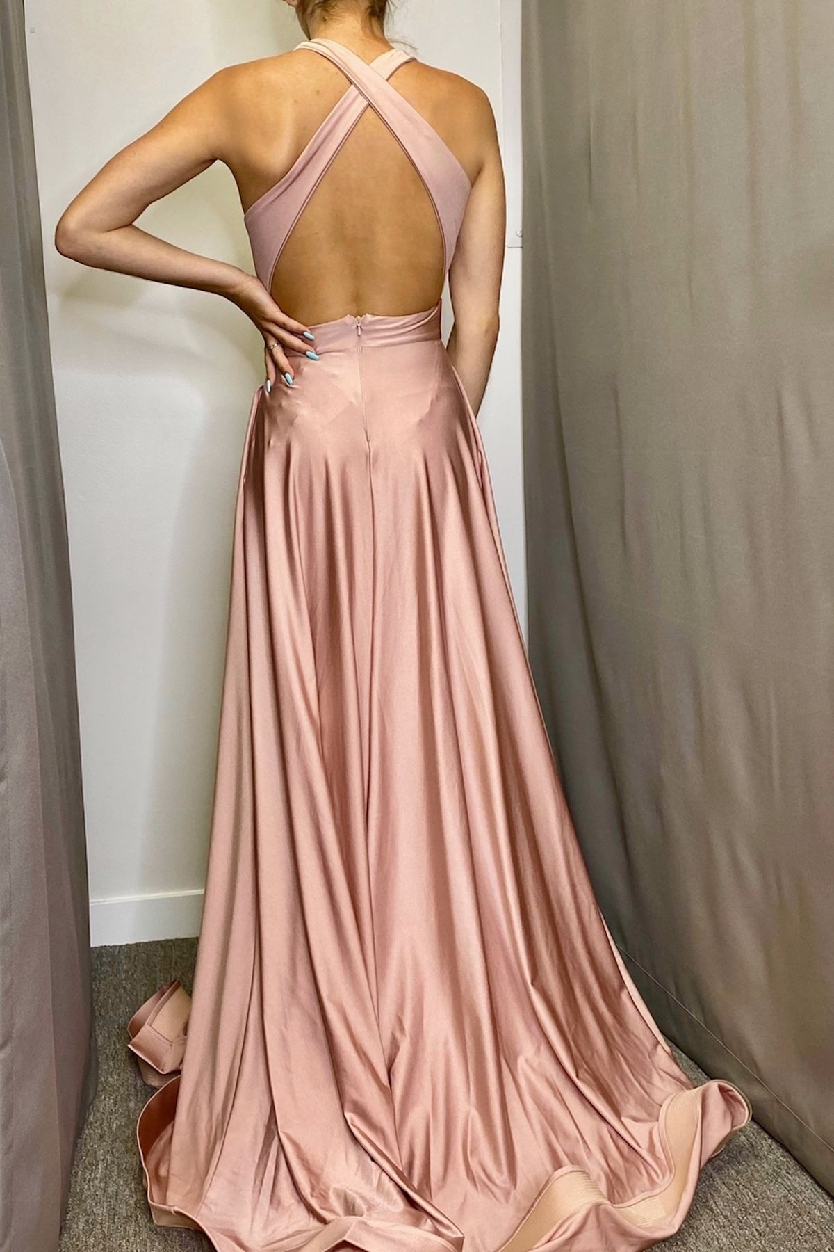 Style 385 Jessica Angel Size 0 Bridesmaid Plunge Satin Coral Side Slit Dress on Queenly