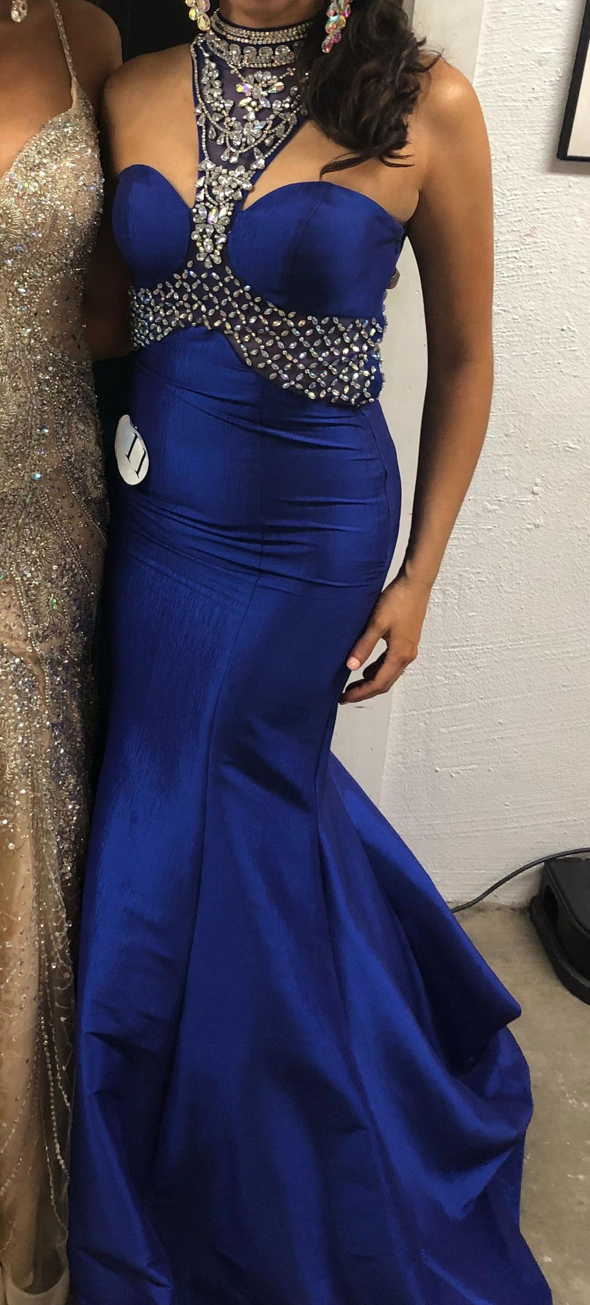 Rachel Allan Size 4 Prom High Neck Sequined Royal Blue Mermaid Dress on Queenly