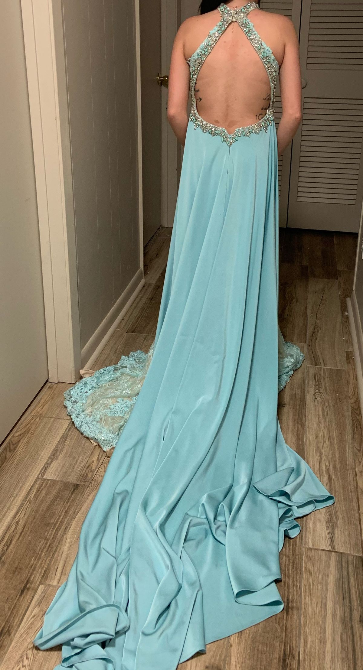 Tony Bowls Size 0 Prom High Neck Lace Turquoise Blue Floor Length Maxi on Queenly