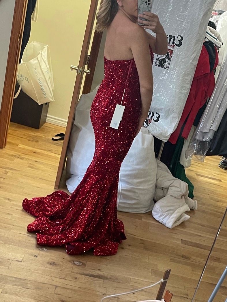 Portia and Scarlett Size 8 Prom Strapless Sequined Red Mermaid Dress on Queenly
