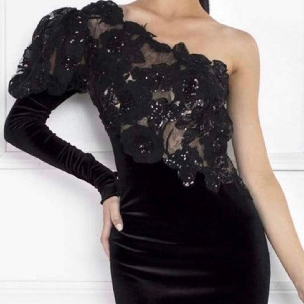 Nicole bakti Size 6 One Shoulder Lace Black Cocktail Dress on Queenly