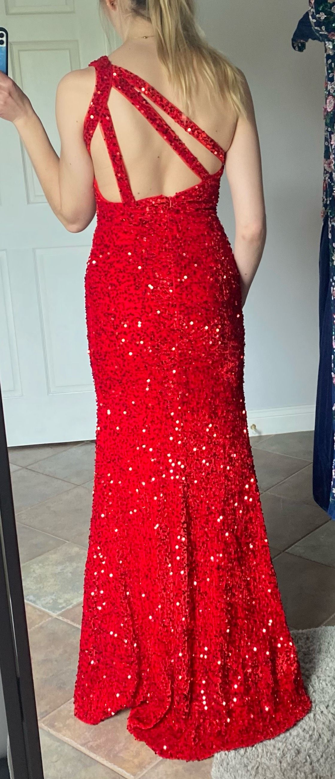 Size S Prom One Shoulder Sequined Red Mermaid Dress on Queenly