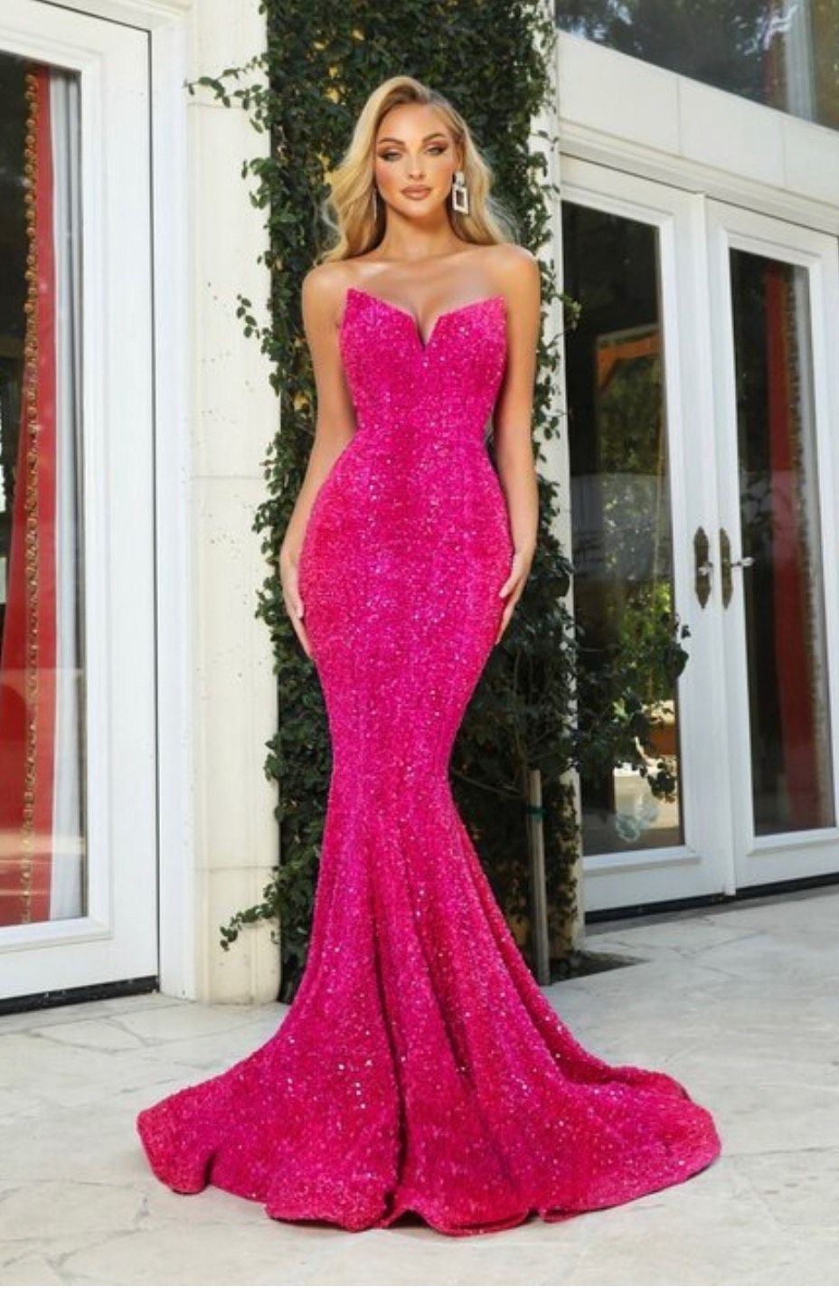 Portia and Scarlett Size 4 Prom Strapless Velvet Hot Pink Mermaid Dress on Queenly