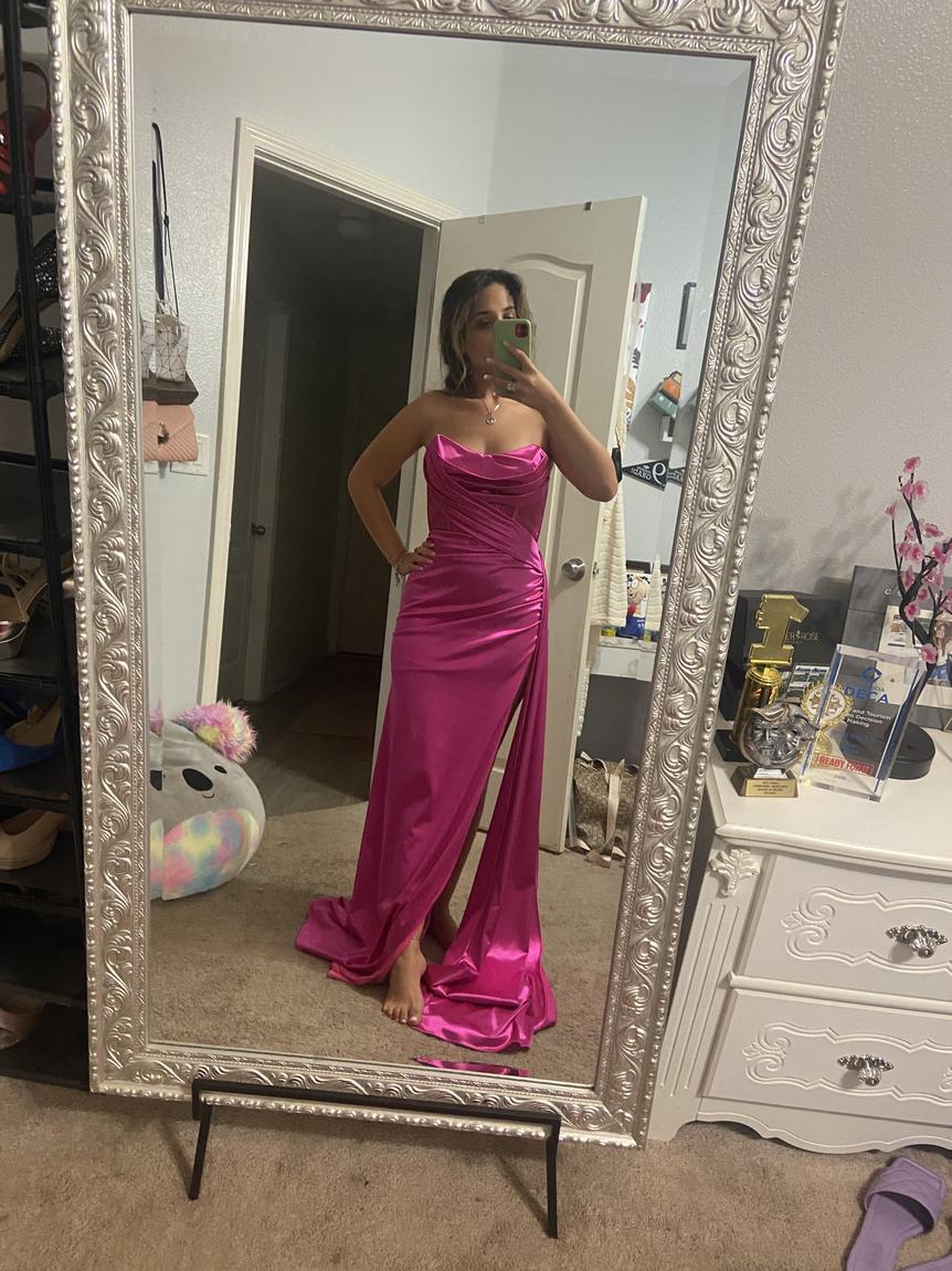 Size 4 Prom Strapless Satin Hot Pink Side Slit Dress on Queenly