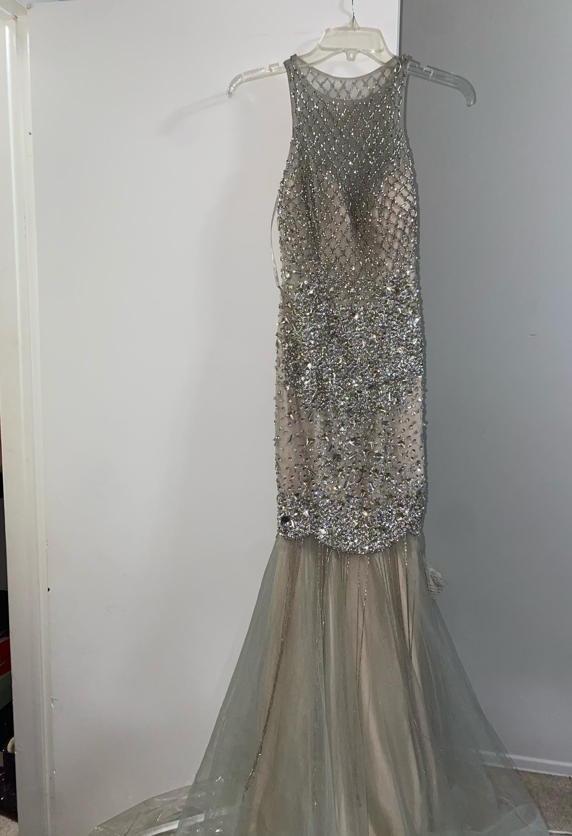 Size 0 Prom Sequined Silver Floor Length Maxi on Queenly